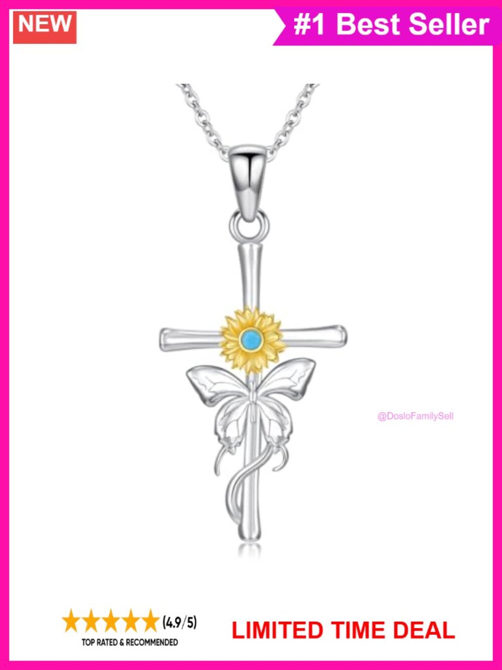 Sterling Silver Butterfly Cross Pendant Necklace 18in Adjustable Chain